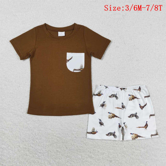 BSSO0925 Brown Pocket Top Wild Chicken Shorts Boys Summer Clothes Set