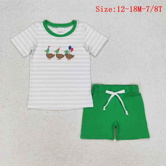 BSSO0926 Duck Balloon Embroidery Top Green Shorts Boys Summer Birthday Clothes Set