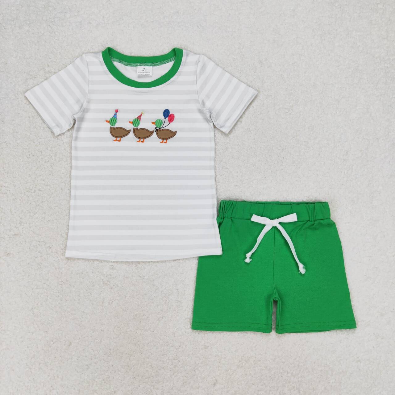 BSSO0926 Duck Balloon Embroidery Top Green Shorts Boys Summer Birthday Clothes Set