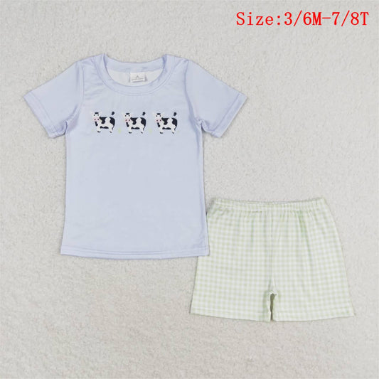 BSSO0935 Cows Blue Top Plaid Shorts Boys Summer Clothes Set