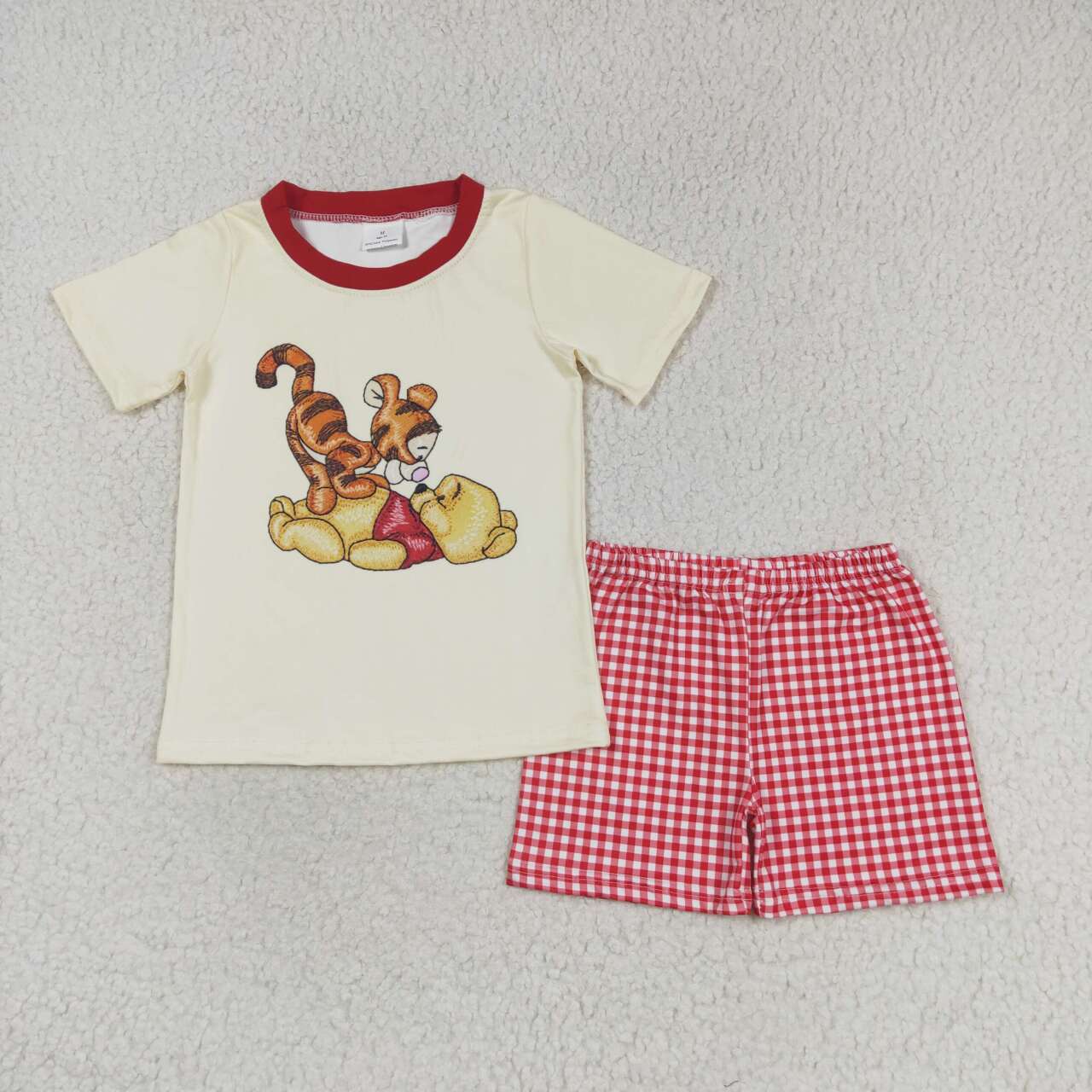 BSSO0939 Cartoon Tiger Bear Top Red Plaid Shorts Boys Summer Clothes Set