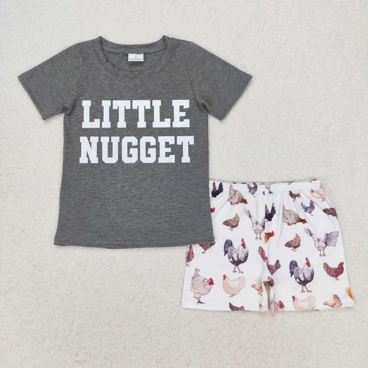 BSSO0943 Little Nugget Vinyl Grey Top Chicken Shorts Boys Summer Clothes Set