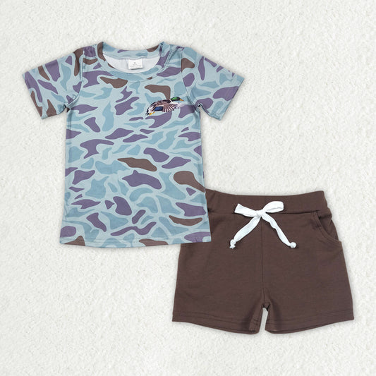 BSSO0950  Camo Duck Top Dark Brown Shorts Boys Summer Clothes Set