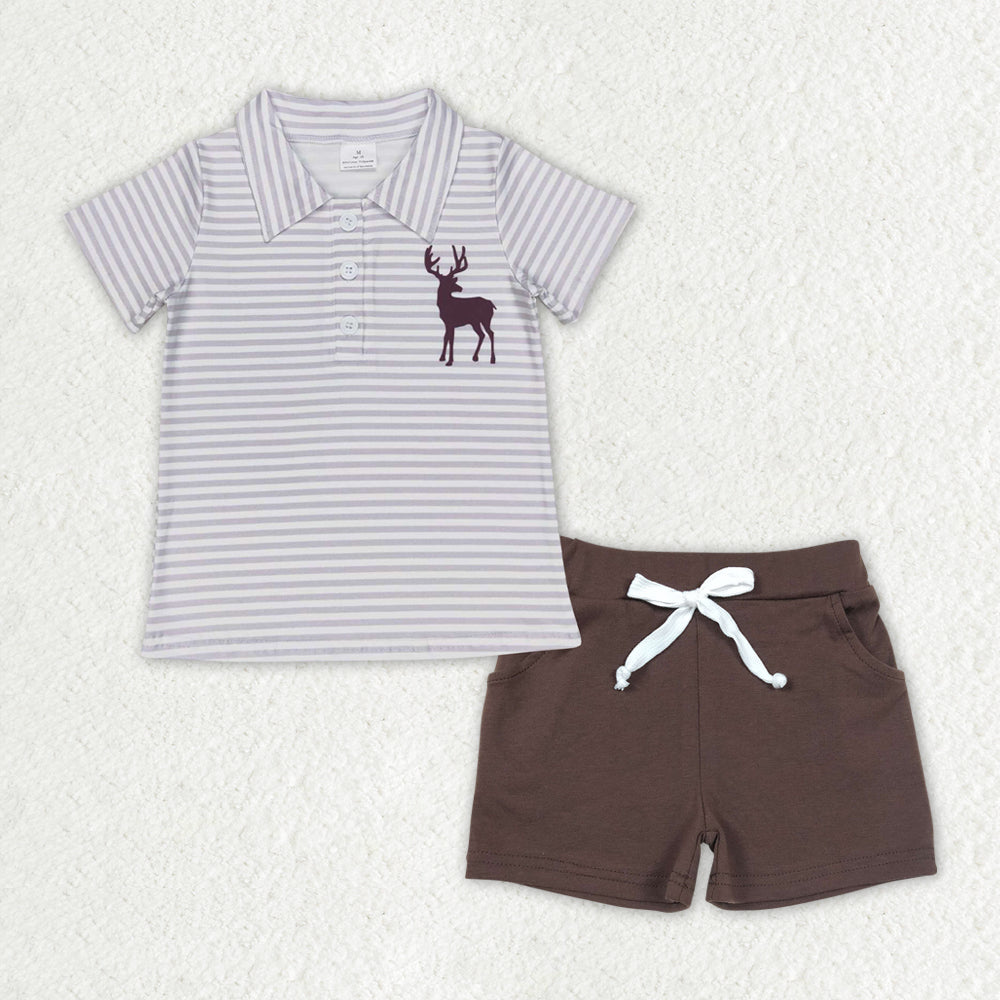 BSSO0951  Grey Stripes Deer Polo Top Dark Brown Shorts Boys Summer Clothes Set