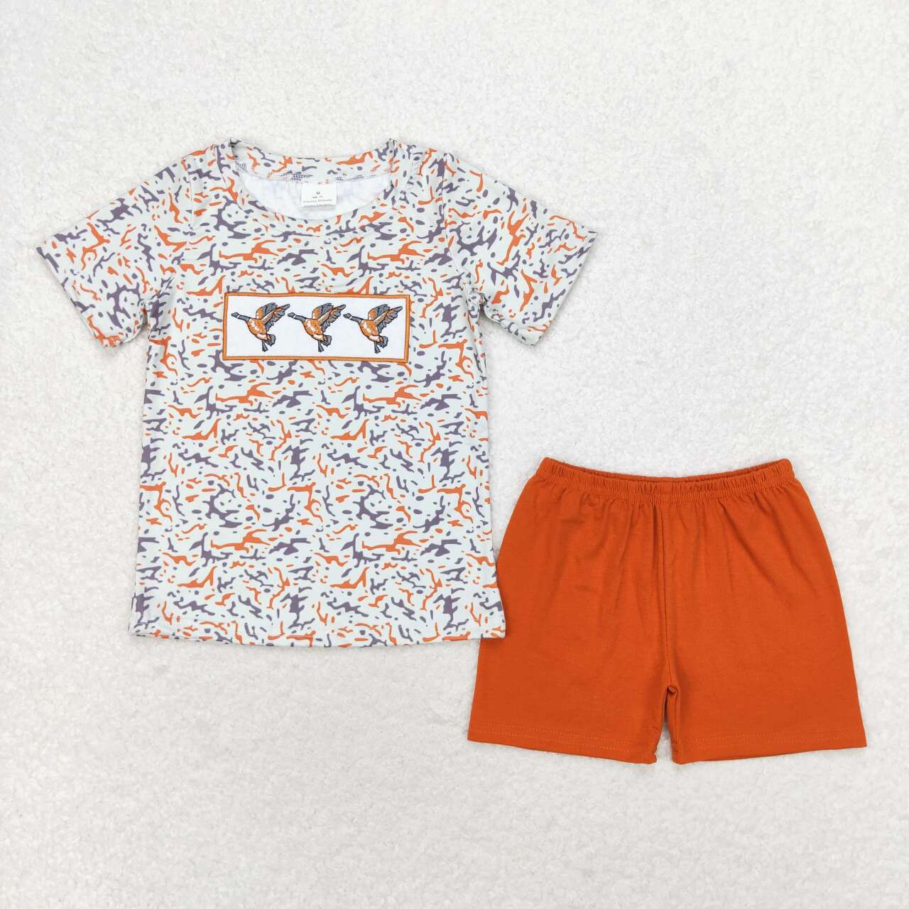 BSSO0952 Duck Embroidery Camo Top Brown Shorts Boys Summer Clothes Set