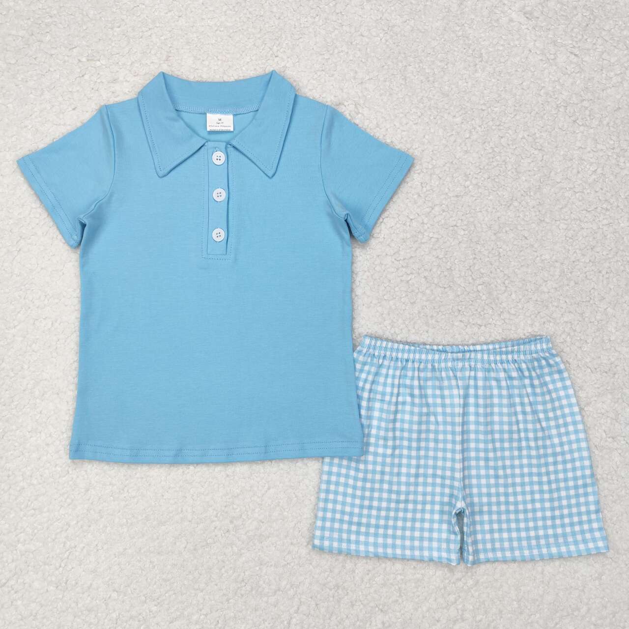 BSSO0954 Blue Color Polo Top Plaid Shorts Boys Summer Clothes Set