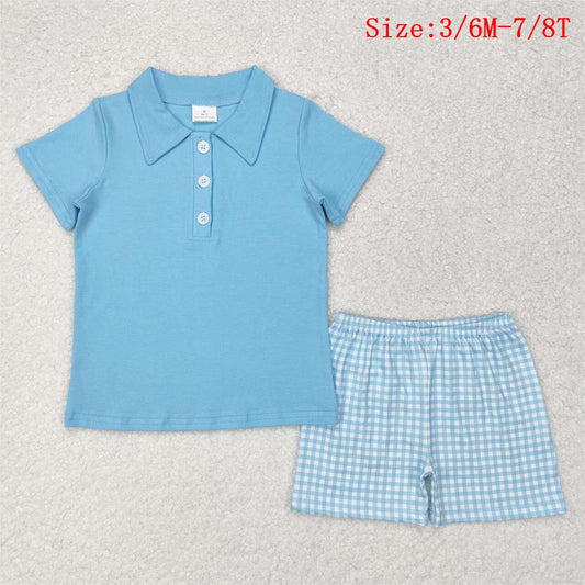 BSSO0954 Blue Color Polo Top Plaid Shorts Boys Summer Clothes Set