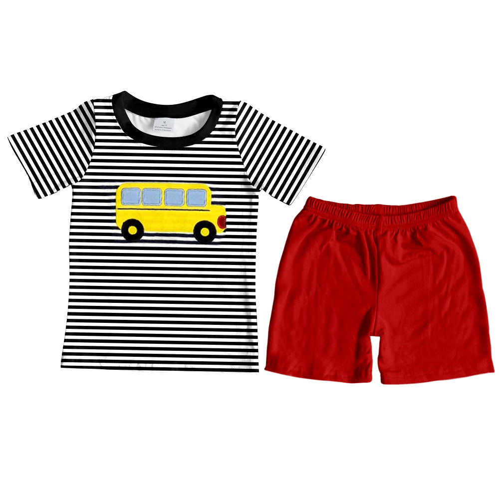 (Pre-order)BSSO0957 School Bus Top Red Shorts Boys Back to School Clothes Set