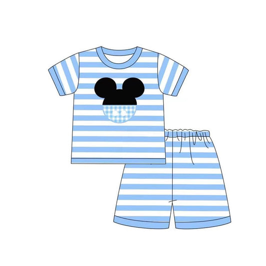 (Pre-order)BSSO0959 Cartton Mouse Blue Stripes Print Boys Summer Pajamas Clothes Set