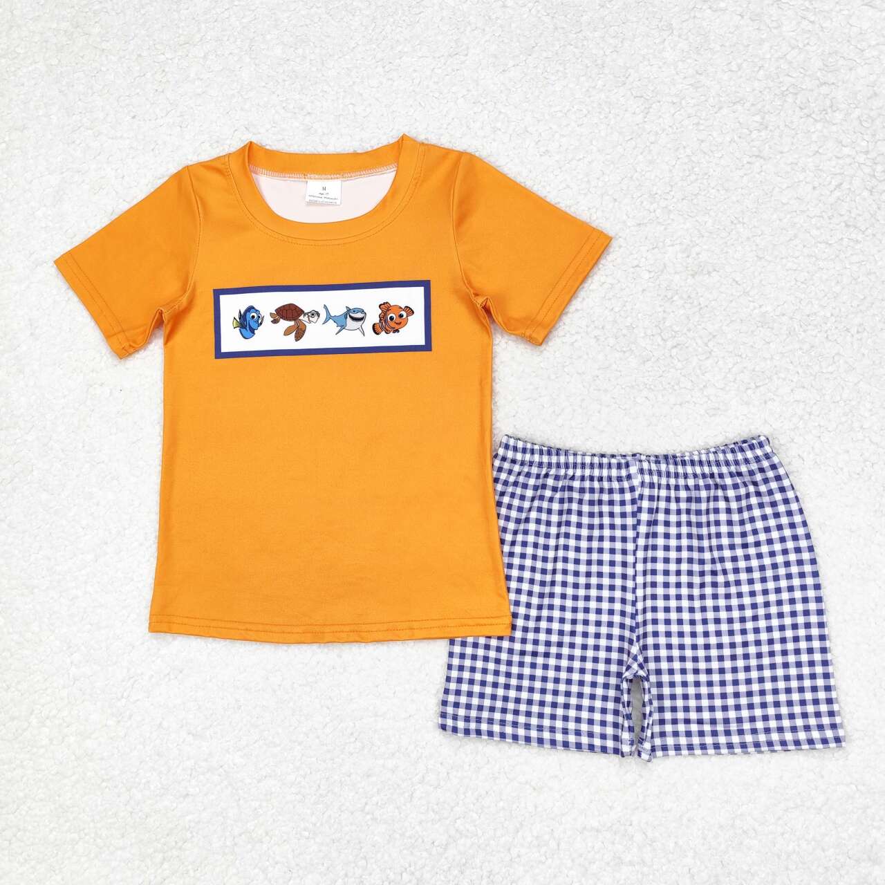 BSSO0964 Cartoon Fish Orange Top Plaid Shorts Boys Summer Clothes Set