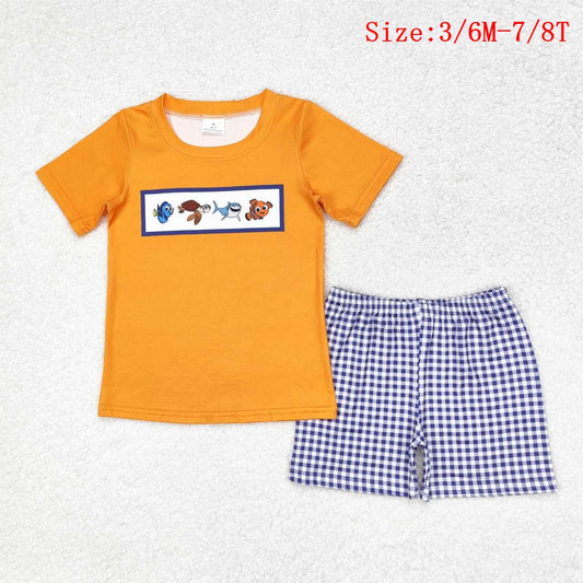 BSSO0964 Cartoon Fish Orange Top Plaid Shorts Boys Summer Clothes Set