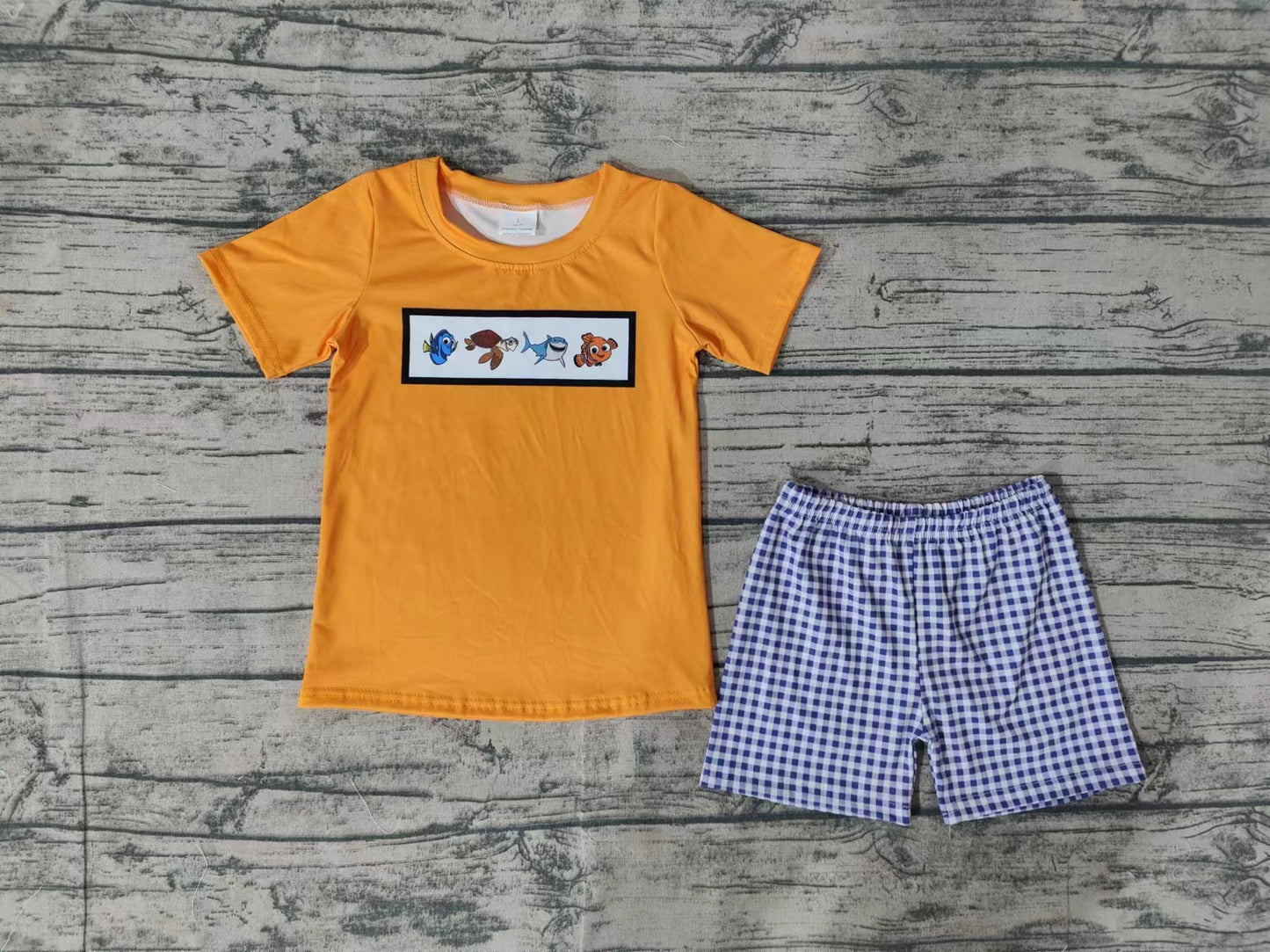 (Pre-order)BSSO0964Cartoon Fish Orange Top Plaid Shorts Boys Summer Clothes Set