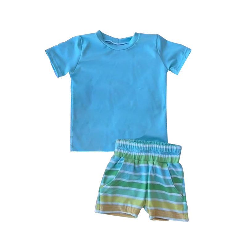 (Pre-order)BSSO0967 Blue Top Stripes Shorts Boys Summer Clothes Set