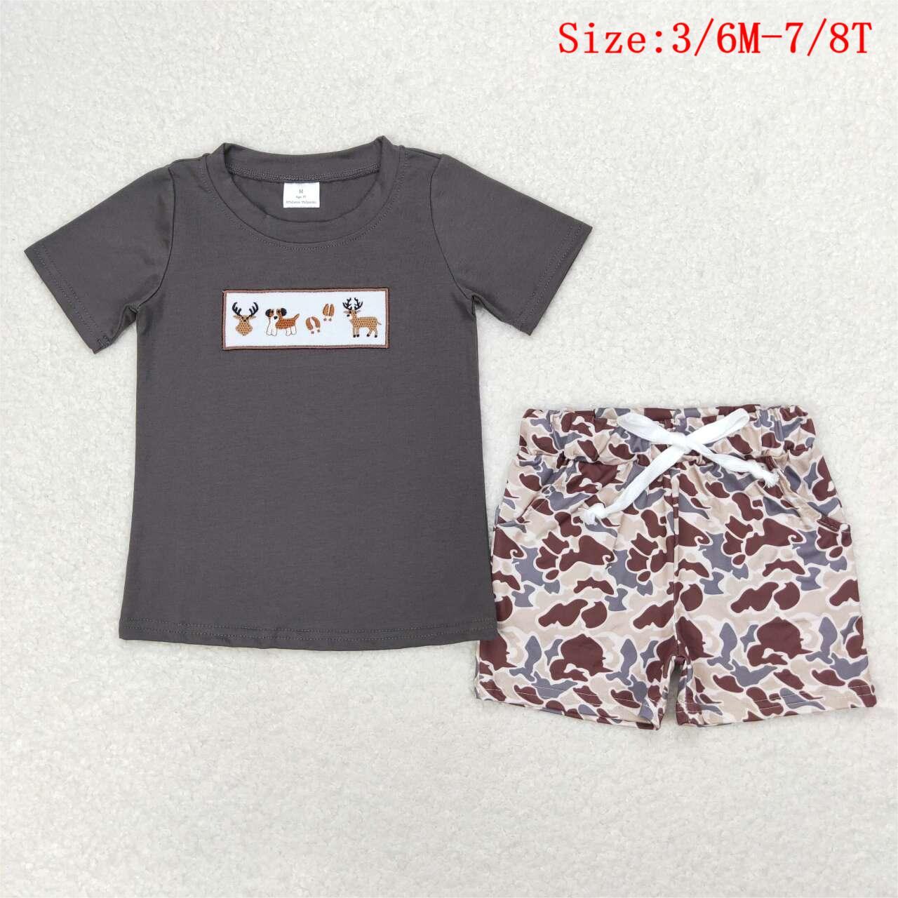 BSSO0969 Deer Dog Embroidery Top Camo Shorts Boys Summer Clothes Set