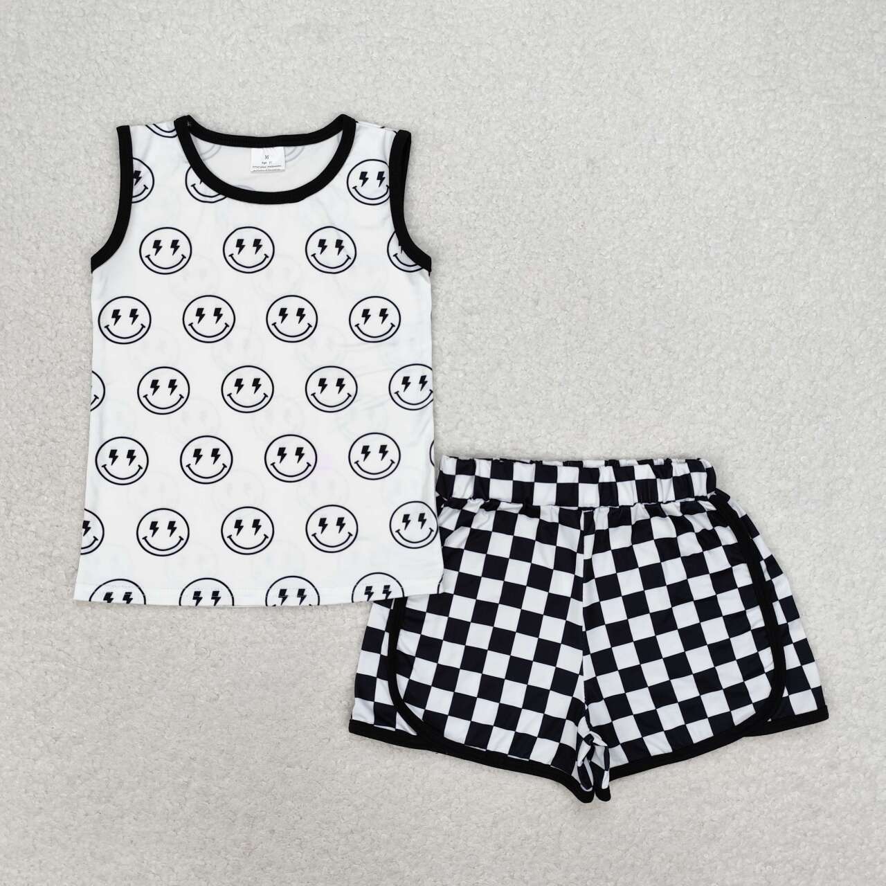 BSSO0972 Smiling Face Sleeveless Top Black Plaid Shorts Boys Summer Clothes Set