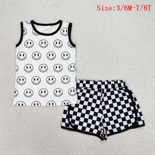 BSSO0972 Smiling Face Sleeveless Top Black Plaid Shorts Boys Summer Clothes Set