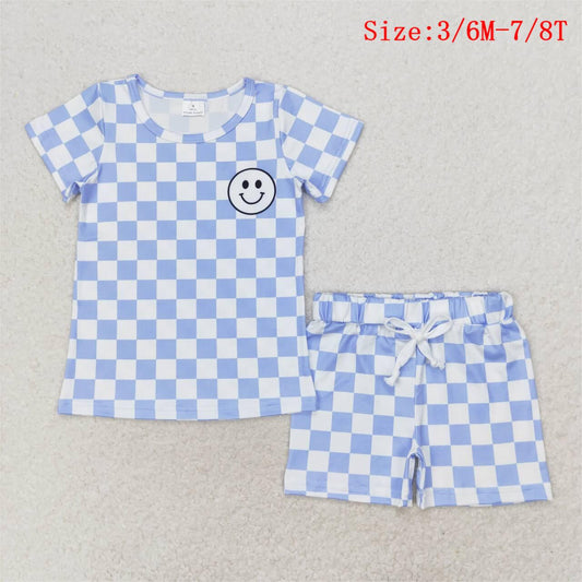 BSSO0974 Smiling Face Top Blue Plaid Shorts Boys Summer Clothes Set