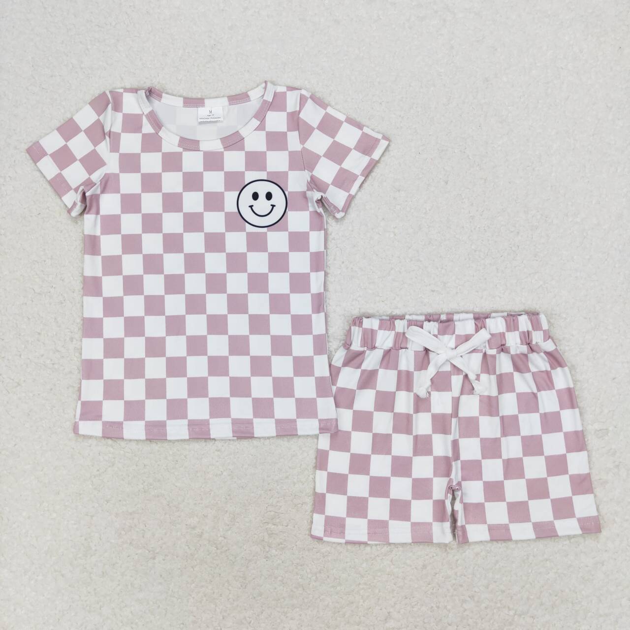 BSSO0975 Smiling Face Top Plaid Shorts Boys Summer Clothes Set