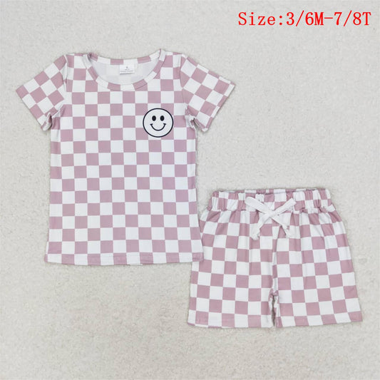 BSSO0975 Smiling Face Top Plaid Shorts Boys Summer Clothes Set