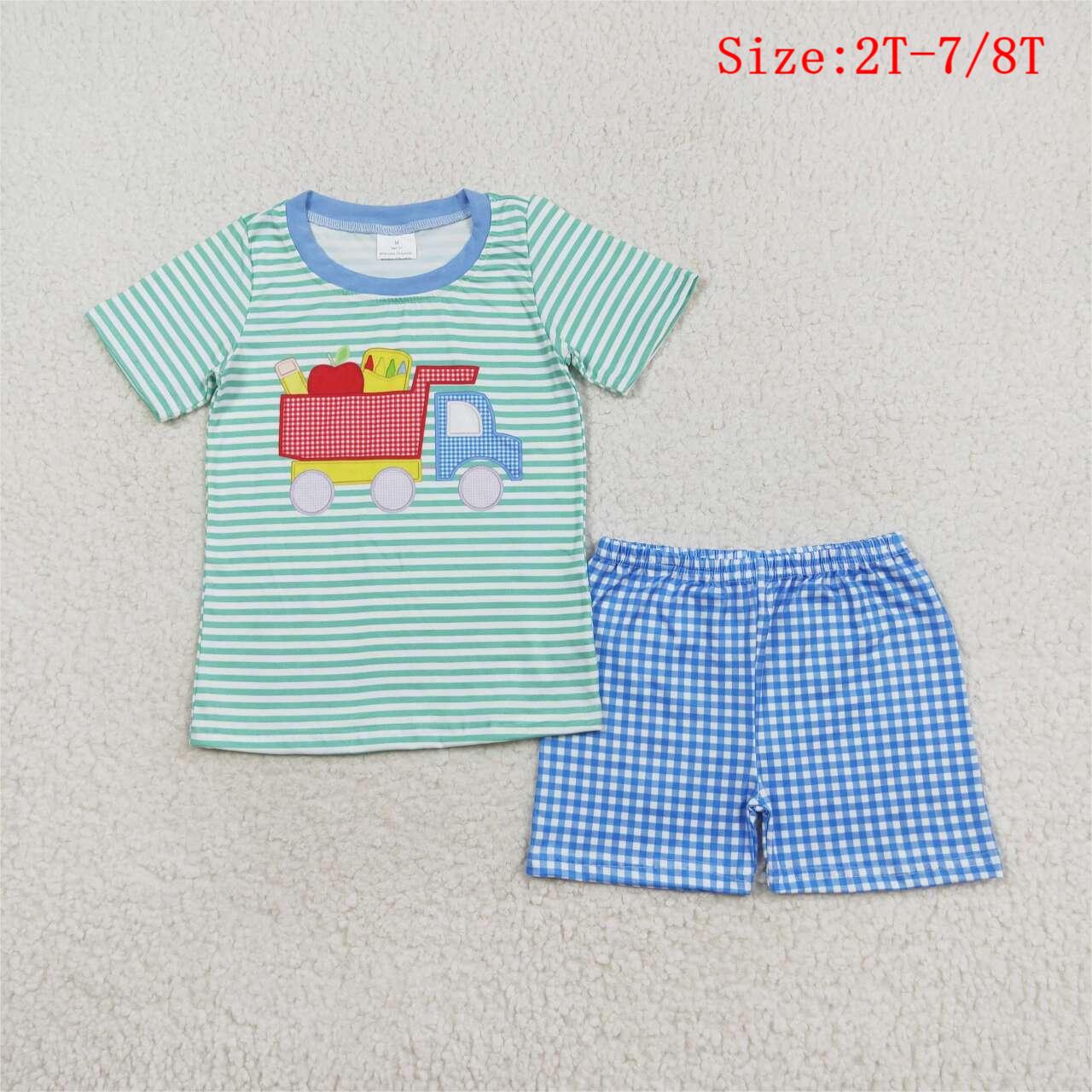 BSSO0978 Construction Pen Apple Top Plaid Shorts Boys Back to School Clothes Set