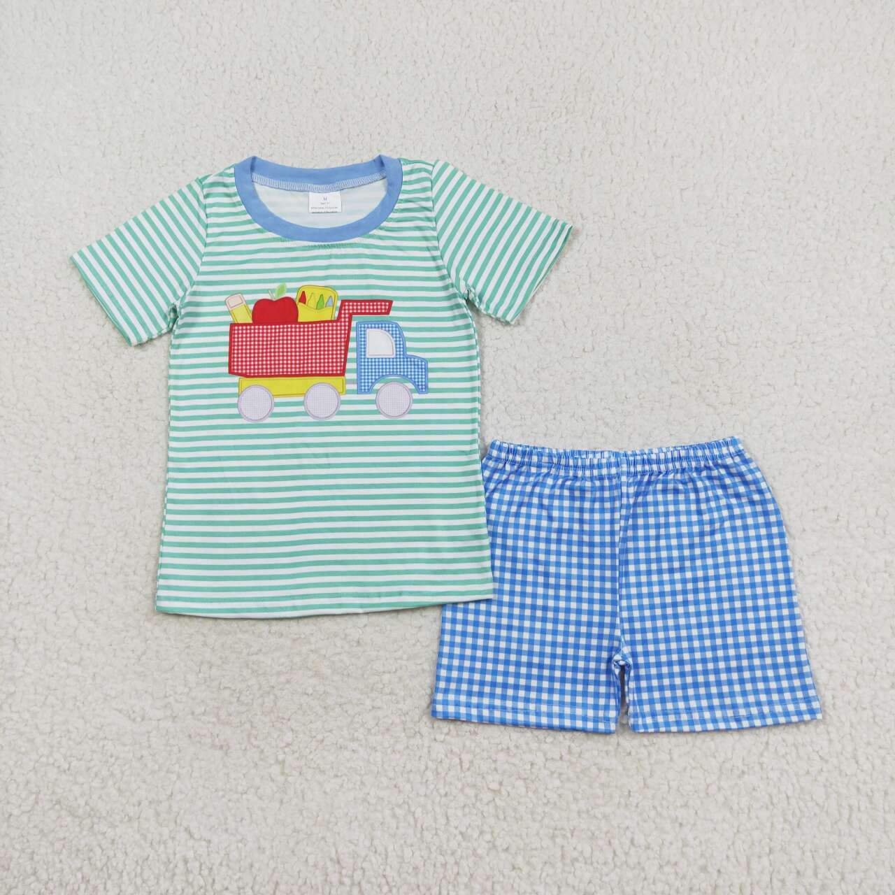 BSSO0978 Construction Pen Apple Top Plaid Shorts Boys Back to School Clothes Set