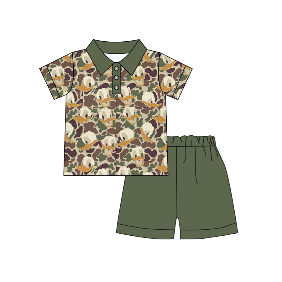 (Pre-order)BSSO0986 Cartoon Duck Camo Polo Top Green Shorts Boys Summer Clothes Set