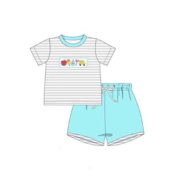 (Pre-order)BSSO0990 Apple Pen Stripes Top Aqua Shorts Boys Back to School Clothes Set