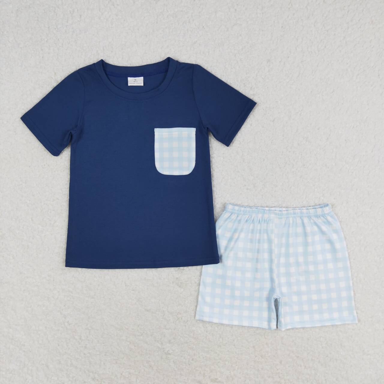 BSSO0992  Blue Pocket Top Plaid Shorts Boys Summer Clothes Set