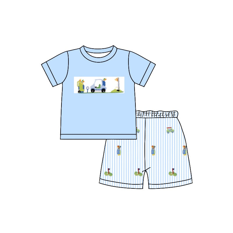 (Pre-order)BSSO0993 Golf Trucks Top Stripes Shorts Boys Summer Clothes Set