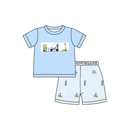 (Pre-order)BSSO0993 Golf Trucks Top Stripes Shorts Boys Summer Clothes Set