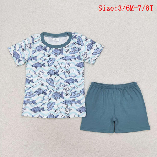 BSSO0994 Fishing Top Dark Blue Shorts Boys Summer Clothes Set