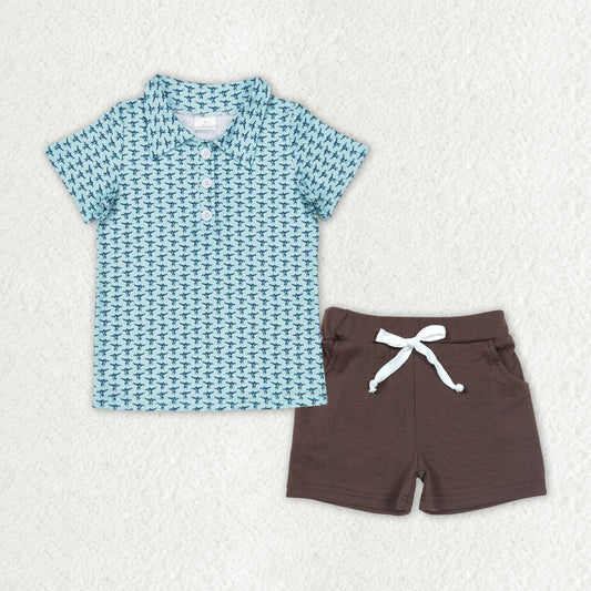 BSSO0997  Duck Polo Top Brown Shorts Boys Summer Clothes Set