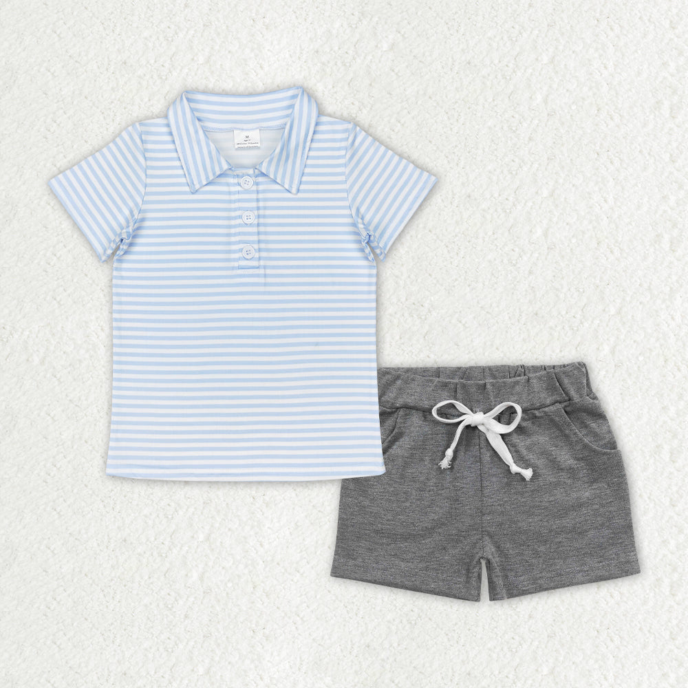 BSSO0999  Blue Stripes Polo Top Grey Shorts Boys Summer Clothes Set