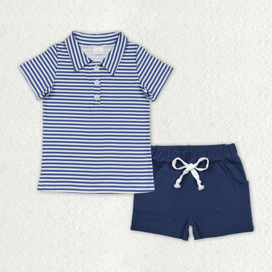 BSSO1000  Stripes Polo Top Navy Shorts Boys Summer Clothes Set