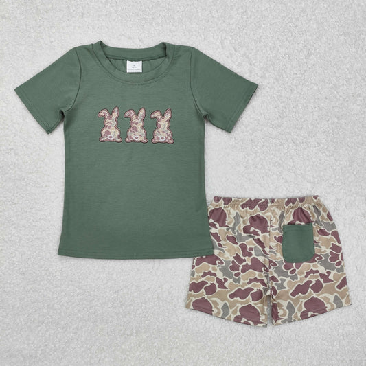 BSSO1004  Bunny Embroidery Green Top Camo Shorts Boys Easter Clothes Set