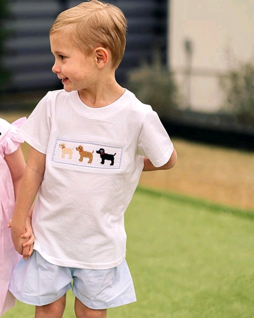 (Pre-order)BSSO1007  Dog White Top Blue Shorts Boys Summer Clothes Set