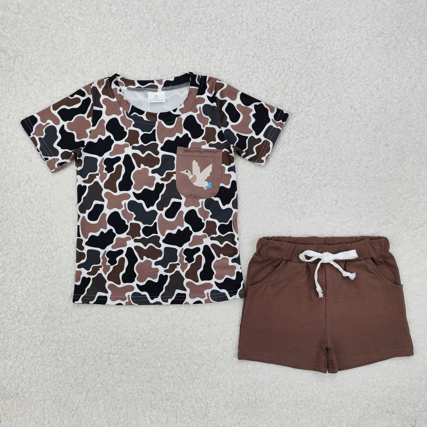 BSSO1010  Duck Pocket Camo Top Brown Shorts Boys Summer Clothes Set