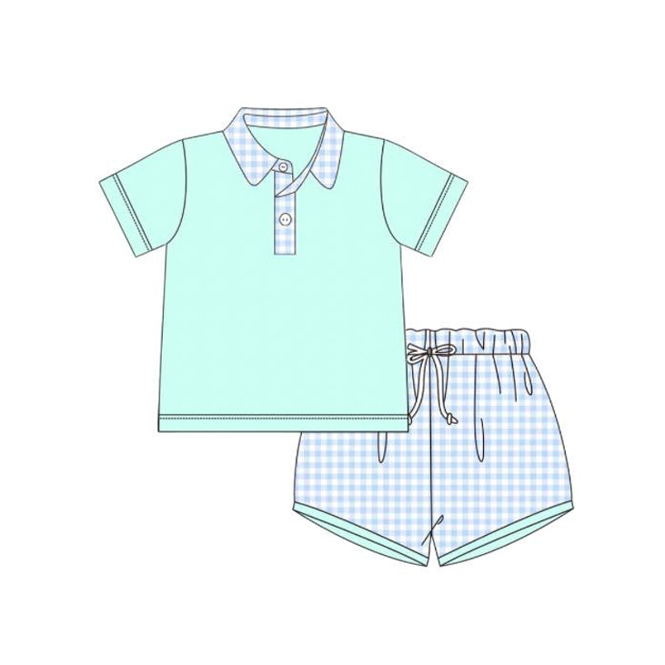 (Pre-order)BSSO1011  Blue Polo Top Plaid Shorts Boys Summer Clothes Set
