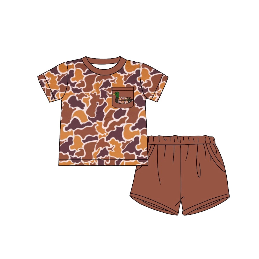 (Pre-order)BSSO1013  Duck Brown Camo Pocket Top Shorts Boys Summer Hunting Clothes Set