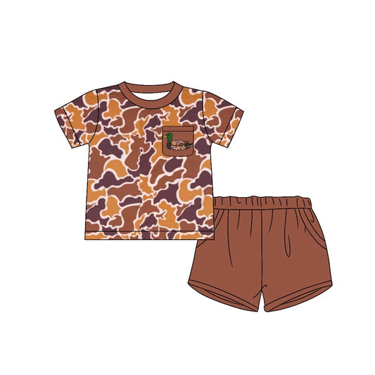 (Pre-order)BSSO1013  Duck Brown Camo Pocket Top Shorts Boys Summer Hunting Clothes Set
