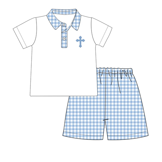 (Pre-order)BSSO1023 Cross Polo Top Plaid Shorts Boys Easter Clothes Set