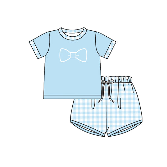 (Pre-order)BSSO1024 Bows Blue Top Plaid Shorts Boys Summer Clothes Set