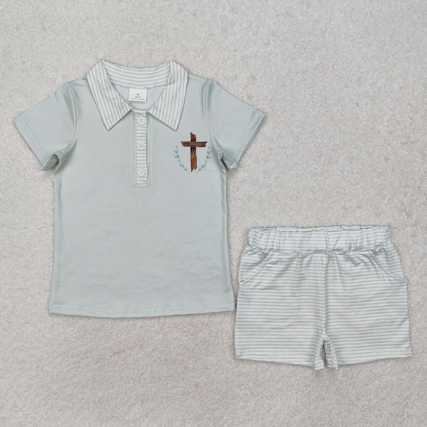 BSSO1025 Cross Polo Top Stripes Shorts Boys Easter Clothes Set