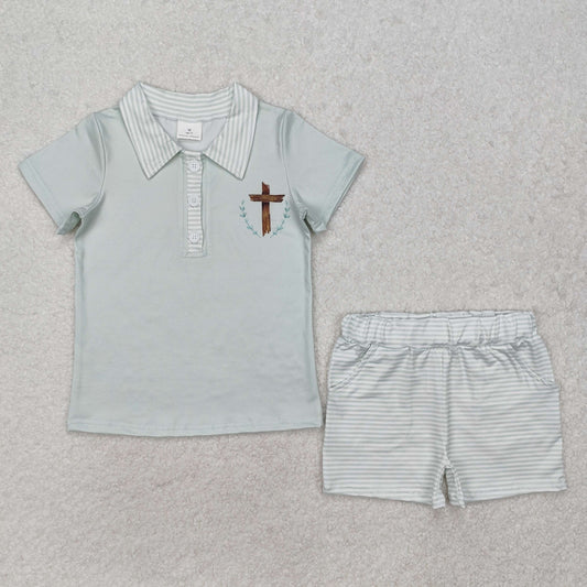 BSSO1025 Cross Polo Top Stripes Shorts Boys Easter Clothes Set