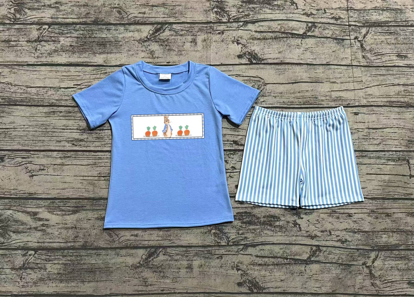 (Pre-order)BSSO1026 Bunny Blue Top Stripes Shorts Boys Easter Clothes Set