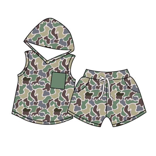 (Pre-order)BSSO1031 Green Camo Hoodie Top Pockets Shorts Boys Summer Hunting Clothes Set