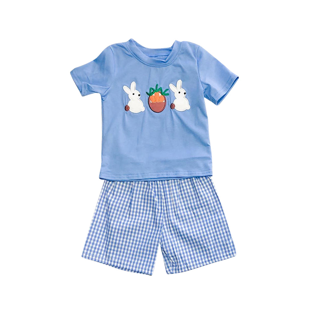 (Pre-order)BSSO1032 Bunny Carrot Blue Top Plaid Shorts Boys Easter Clothes Set