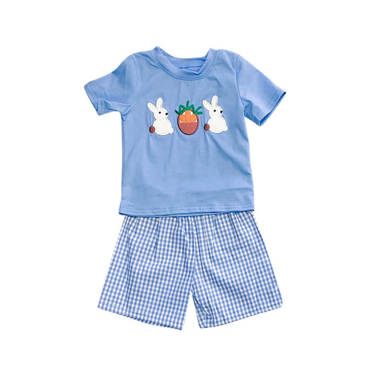 (Pre-order)BSSO1032 Bunny Carrot Blue Top Plaid Shorts Boys Easter Clothes Set