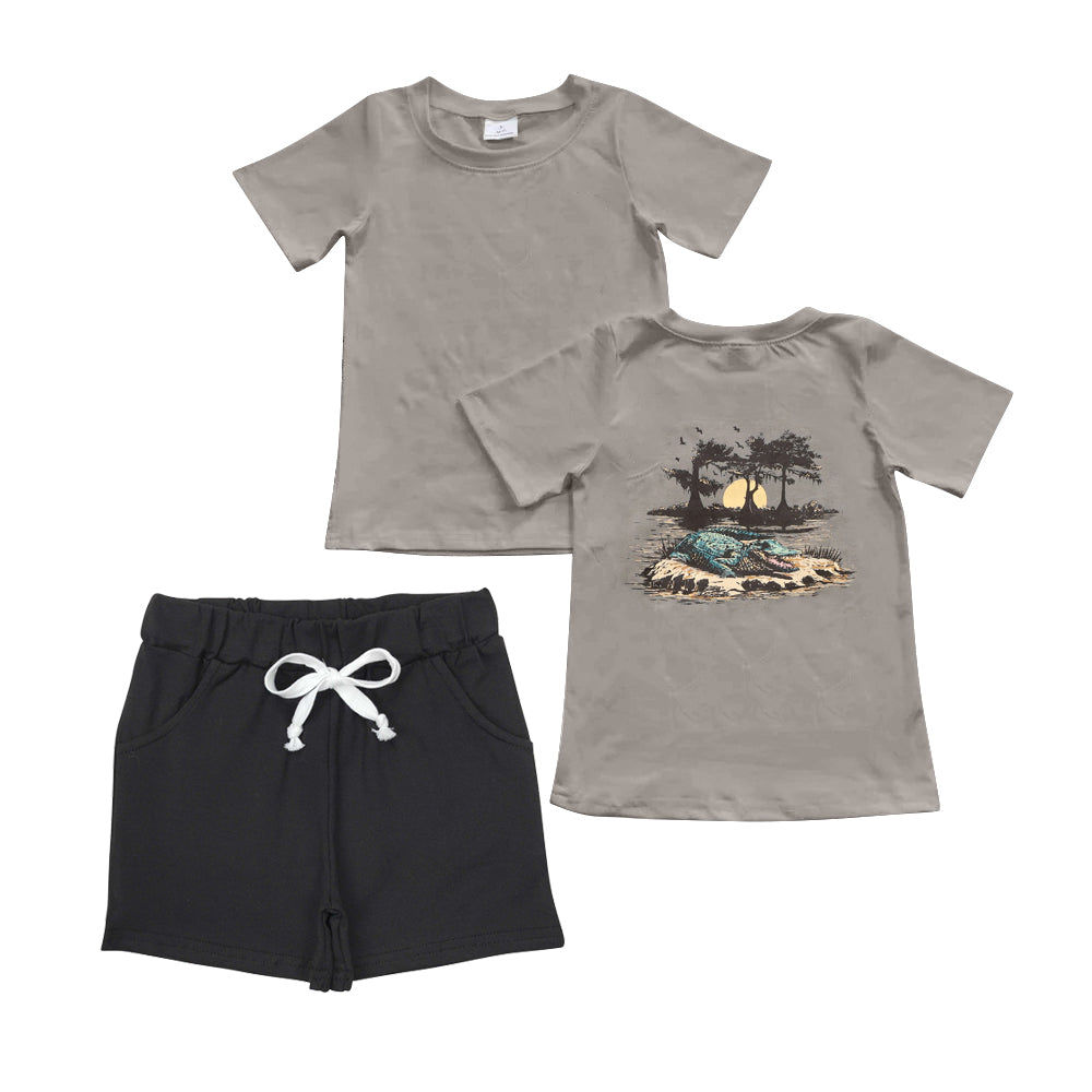 (Pre-order)BSSO1033 Crocodile Grey Top Black Shorts Boys Summer Clothes Set