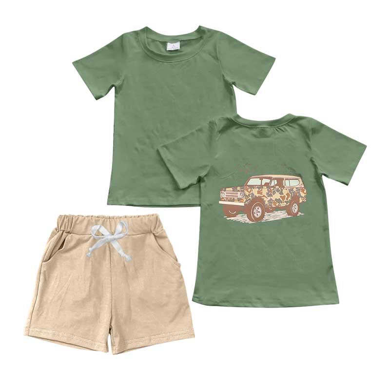 (Pre-order)BSSO1035 Camo Jeep Green Top Khaki Shorts Boys Summer Clothes Set